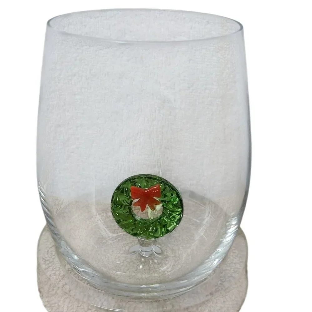 Stemless Wine Glass Christmas With Festive Green Wreath & Red Bow Design In Gift